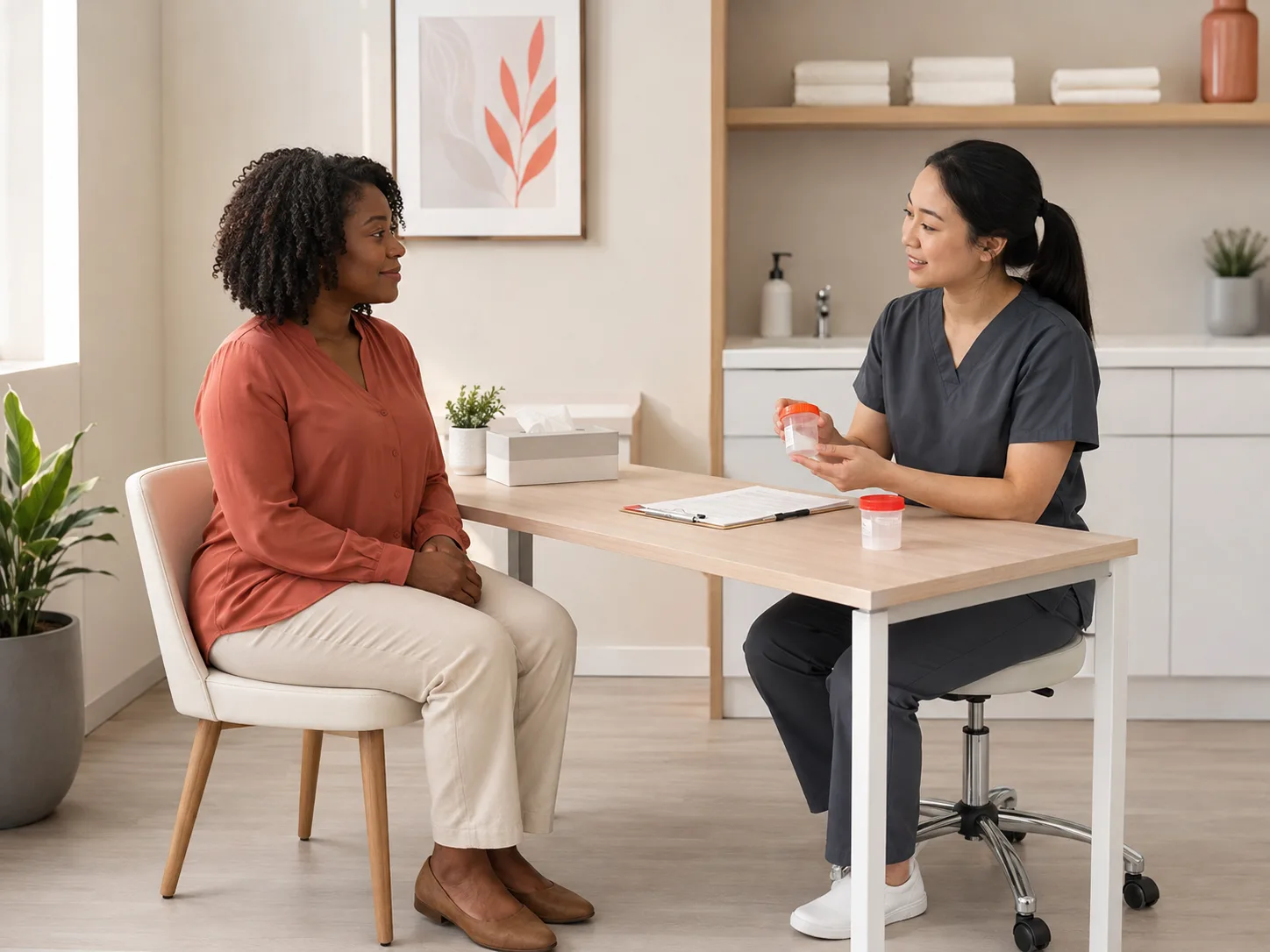 A clinician explaining sample collection to an adult patient